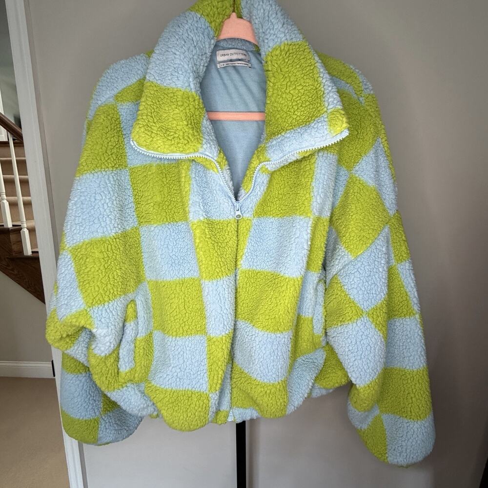 Urban Outfitters Cloud Plush Teddy Jacket Checked Zip Up Large - Picture 4 of 12